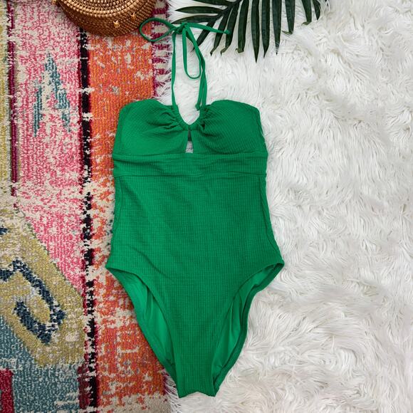 BECCA Green Halter Textured Padded Cut Out Tie Back One Piece Swimsuit Medium - Picture 1 of 6